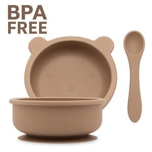 Baby Silicone Suction Bowl & Spoon Set BPA-Free Toddler Feeding Dish Taupe
